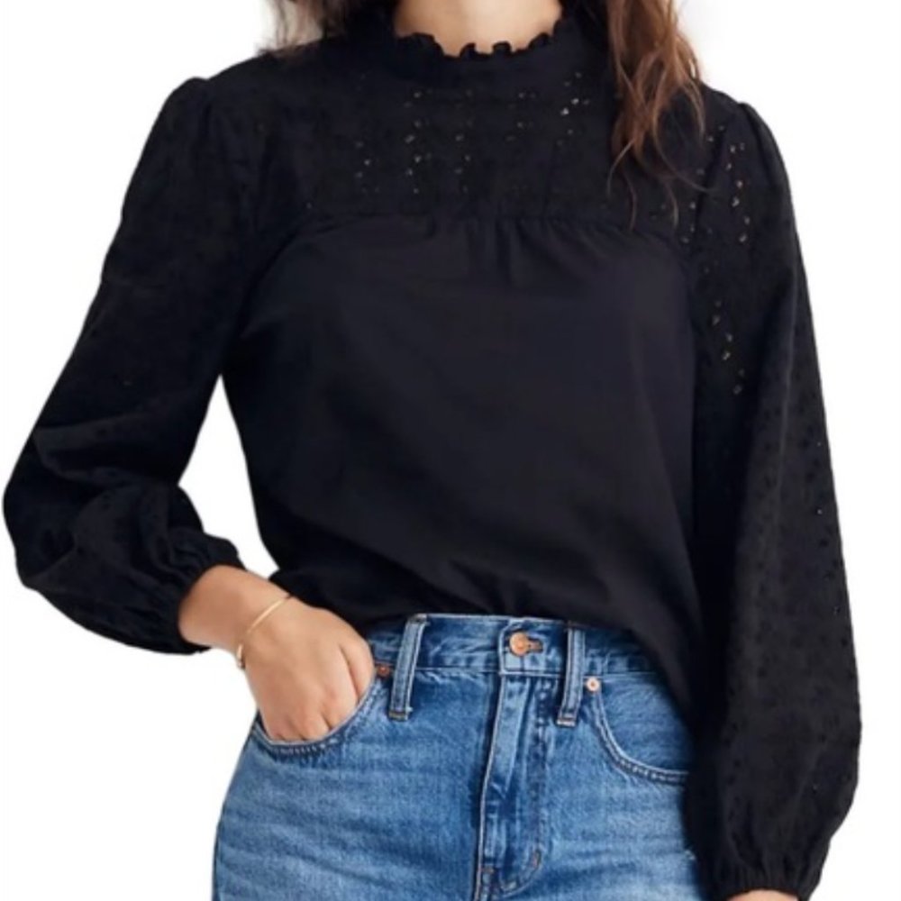 Madewell Long Sleeve Black Eyelet Blouse w/ Tie Back Size S